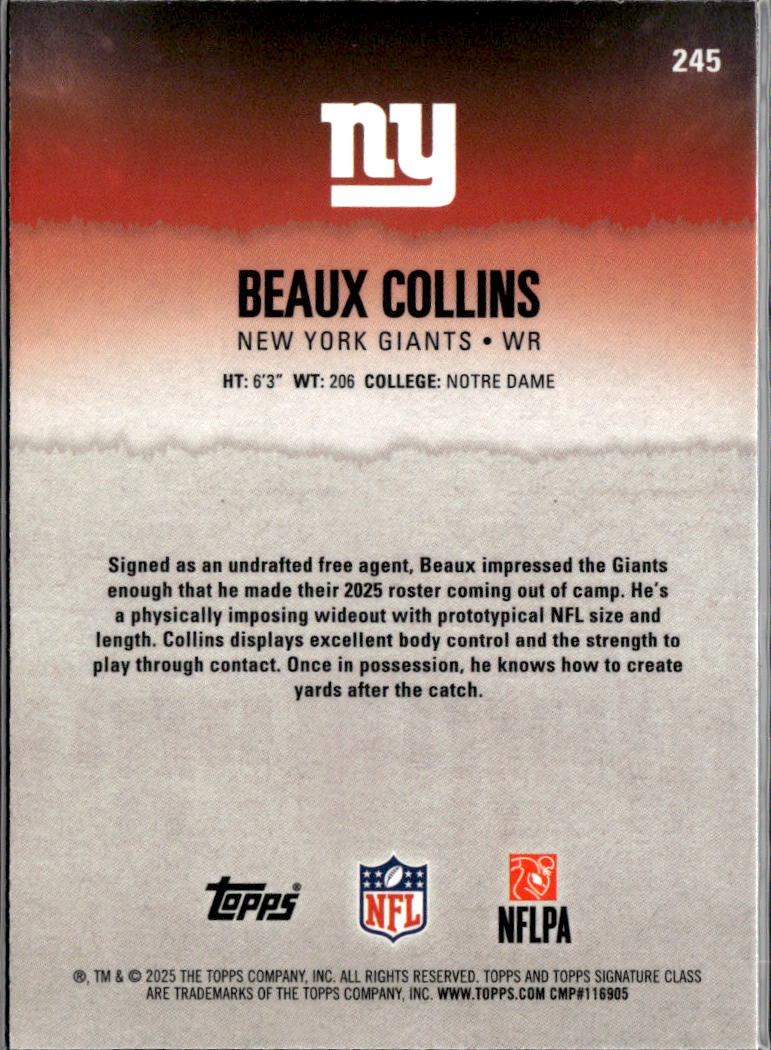Beaux Collins 2025 Topps Signature Class RC /150 New York Giants