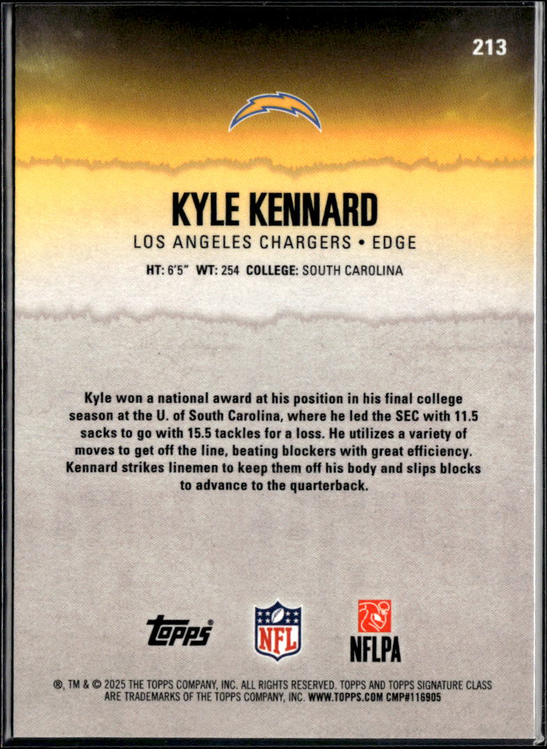 Kyle Kennard 2025 Topps Signature Class RC Orange /50 Los Angeles Chargers