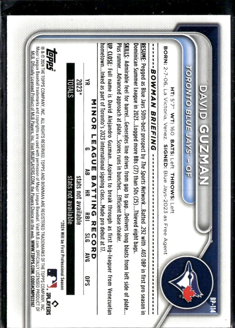 David Guzman 2024 Bowman 1st Pink /175 Toronto Blue Jays