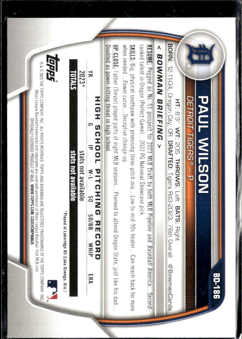 Paul Wilson 2023 Bowman Draft Teal Pink /199 Detroit Tigers