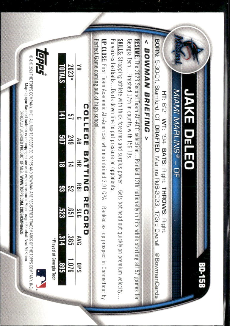 Jake DeLeo 2023 Bowman Draft Teal Pink /199 Miami Marlins