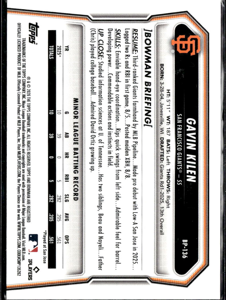 Gavin Kilen 2026 Bowman Pink /175 San Francisco Giants