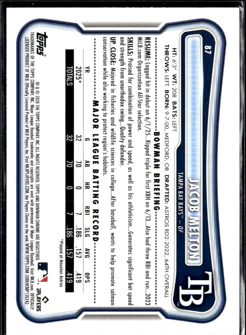Jacob Melton 2026 Bowman RC Sky Blue /499 Tampa Bay Rays