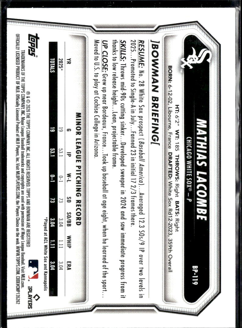 Mathias Lacombe 2024 Bowman 1st Sky Blue Border /499 Chicago White Sox
