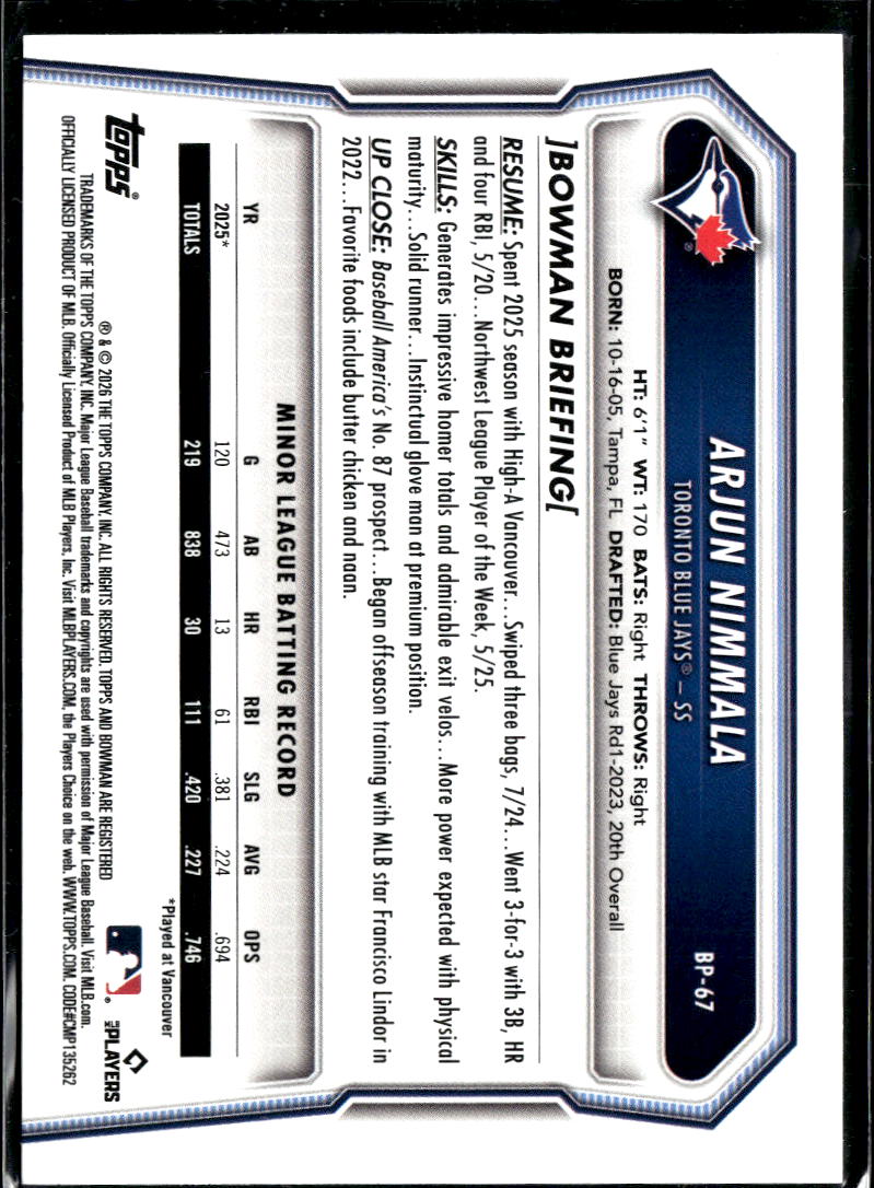 Arjun Nimmala 2026 Bowman Sky Blue /499 Toronto Blue Jays