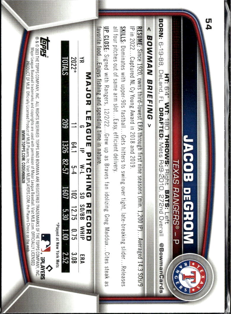 Jacob deGrom 2023 Bowman Sky Blue /499 Texas Rangers