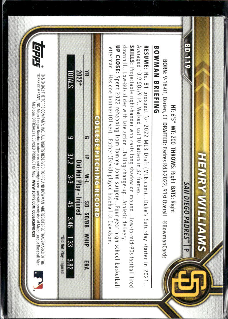 Henry Williams 2022 Bowman Draft Sky Blue /499 San Diego Padres