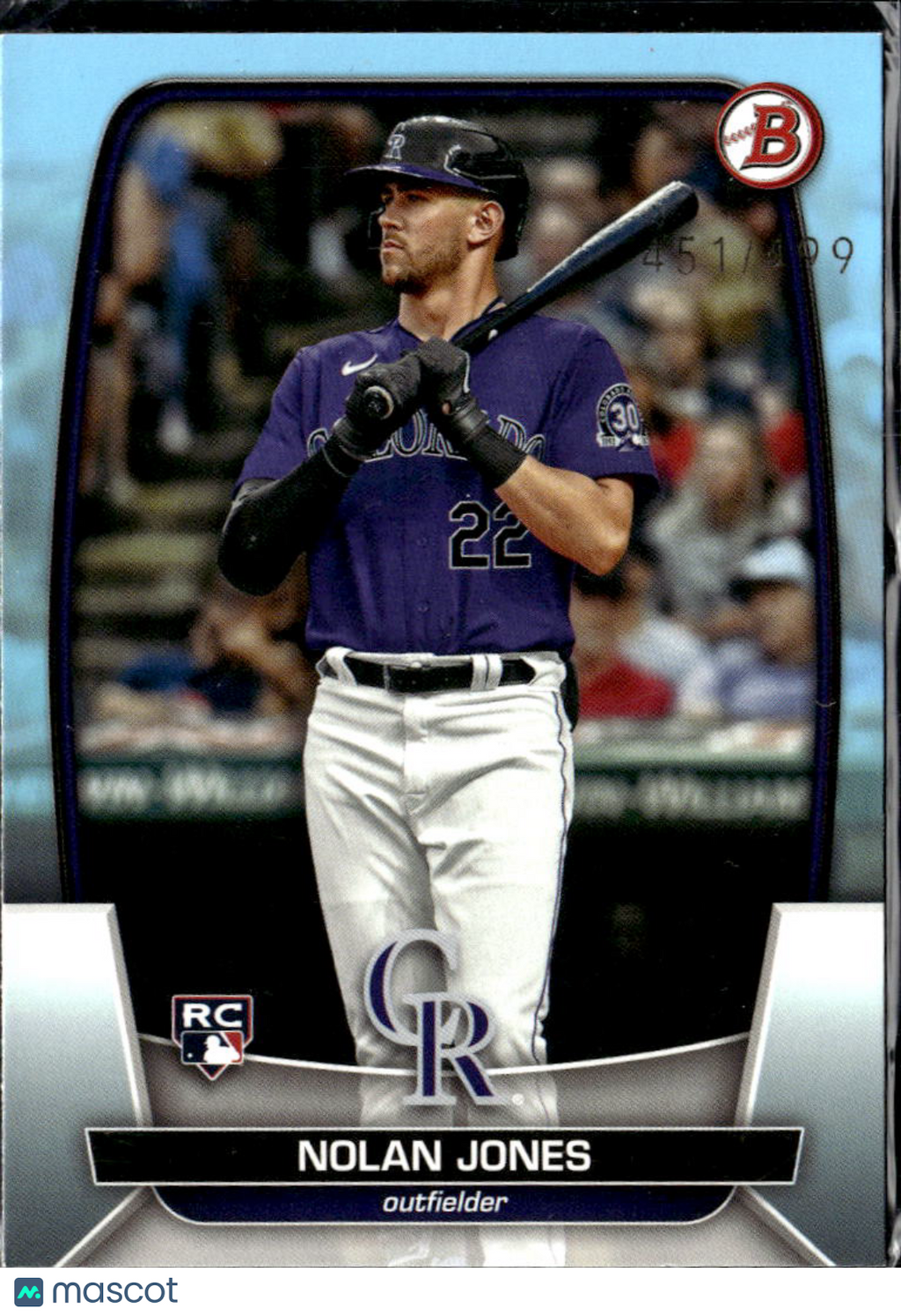 Nolan Jones 2023 Bowman RC Sky Blue Border /499 Colorado Rockies