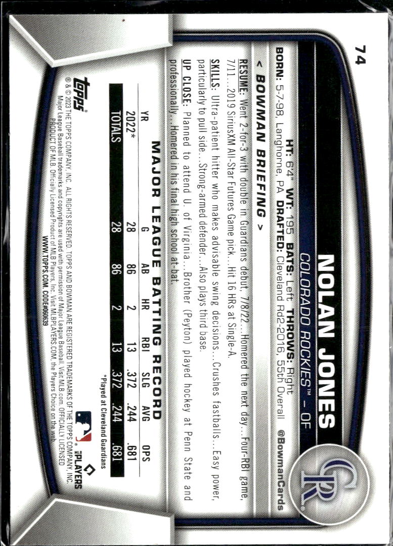 Nolan Jones 2023 Bowman RC Sky Blue Border /499 Colorado Rockies