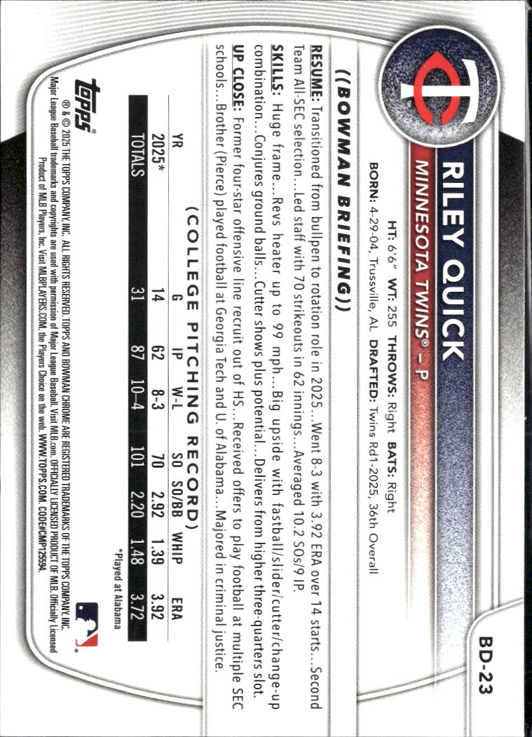 Riley Quick 2025 Bowman Draft 1st Sky Blue /499 Minnesota Twins