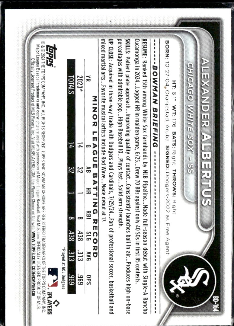 Alexander Albertus 2024 Bowman Draft Sky Blue /499 Chicago White Sox