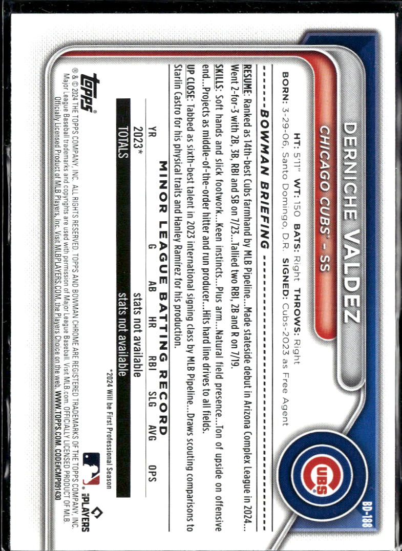 Derniche Valdez 2024 Bowman Draft Sky Blue /499 Chicago Cubs