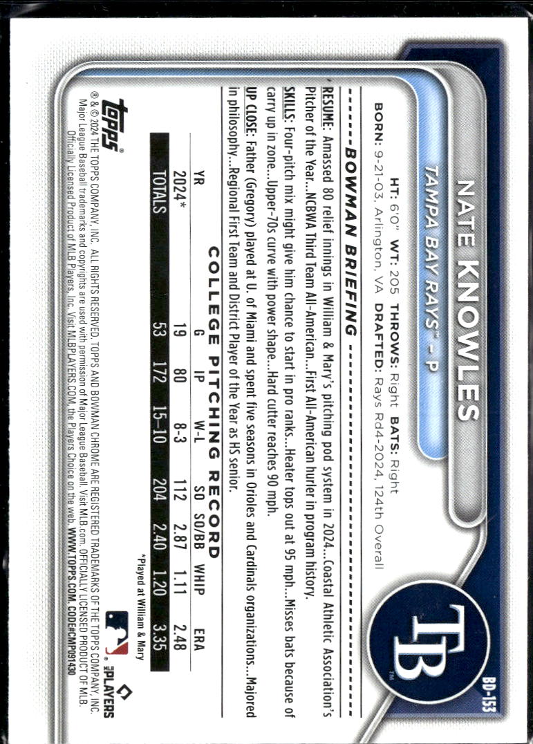 Nate Knowles 2024 Bowman Draft 1st Bowman Sky Blue Border /499 Tampa Bay Rays