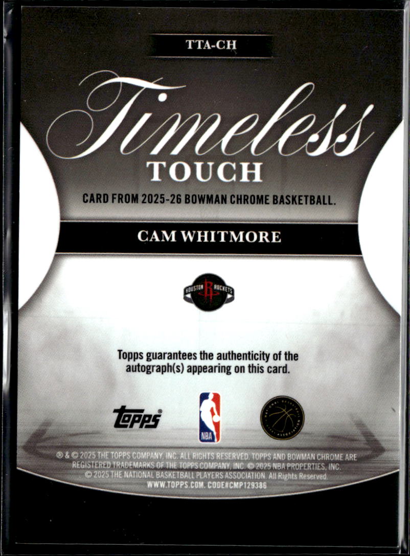Cam Whitmore 2025 Bowman Chrome Auto Autograph Houston Rockets