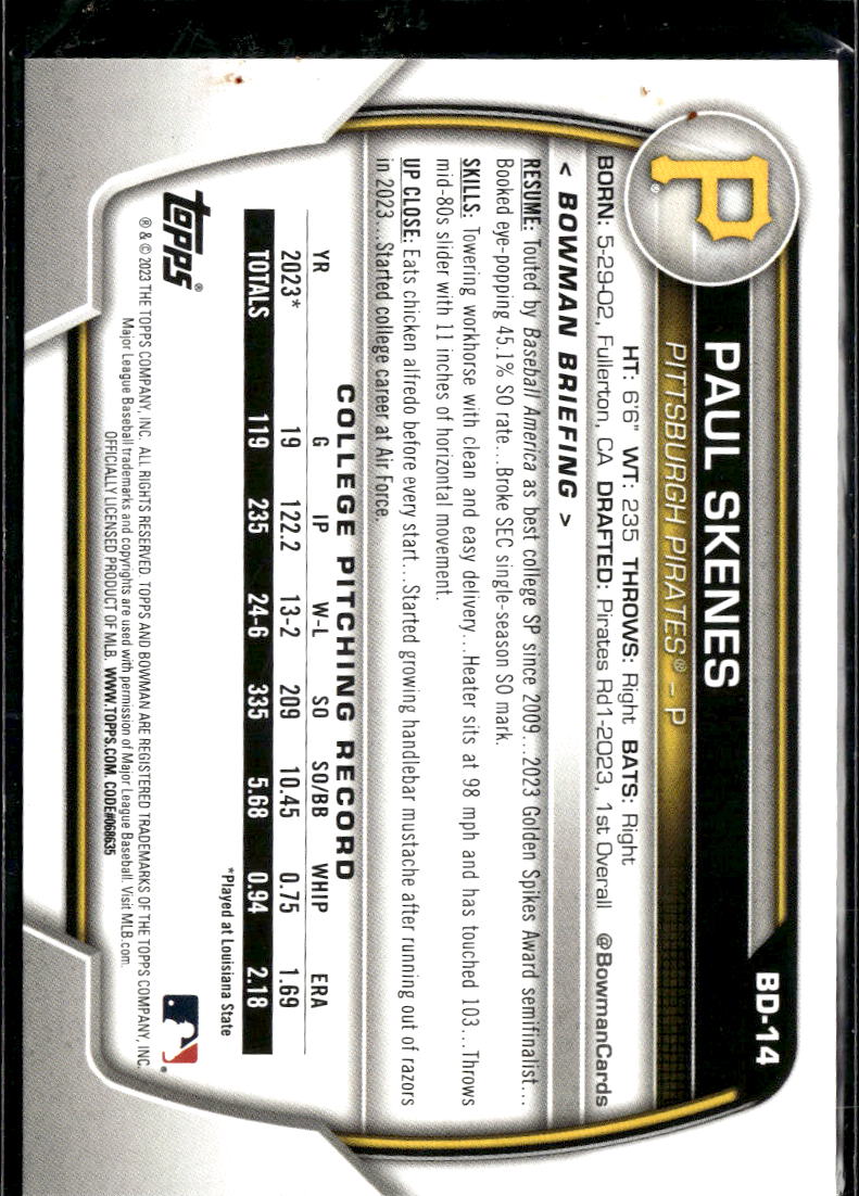 Paul Skenes 2023 Bowman Draft 1st Rookie RC Pittsburgh Pirates