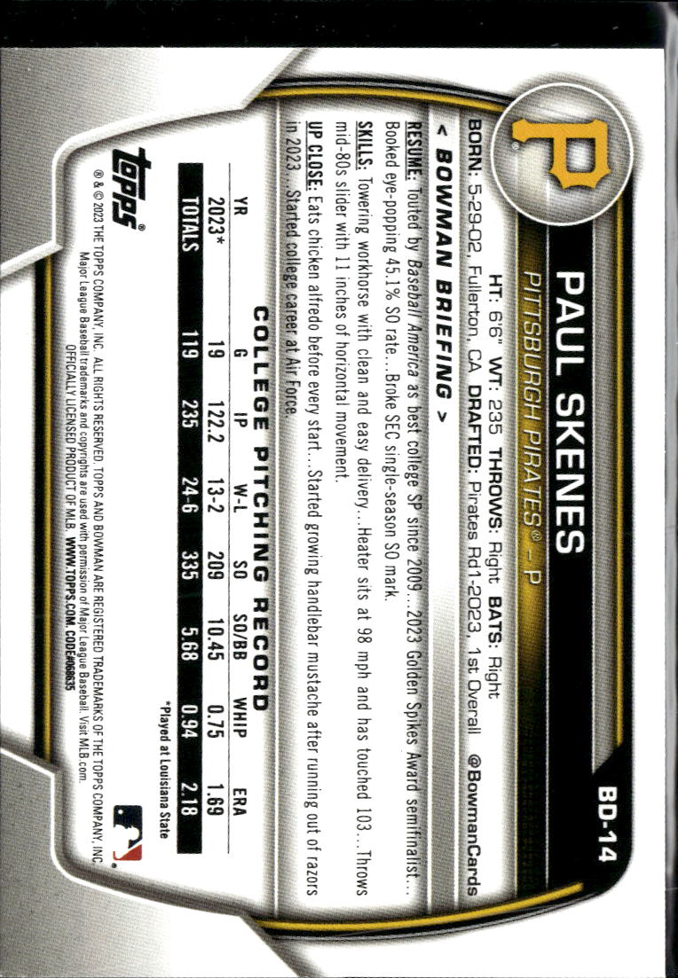 Paul Skenes 2023 Bowman Draft 1st Rookie RC Pittsburgh Pirates