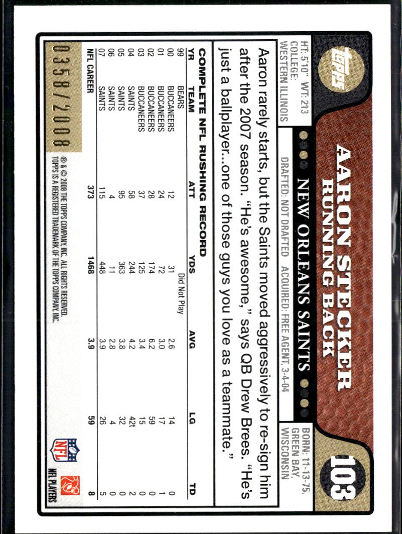 Aaron Stecker 2008 Topps Gold /2008 New Orleans Saints