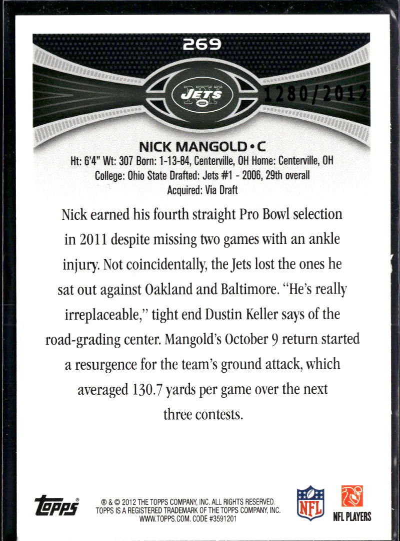 Nick Mangold 2012 Topps Gold 1280/2012 New York Jets
