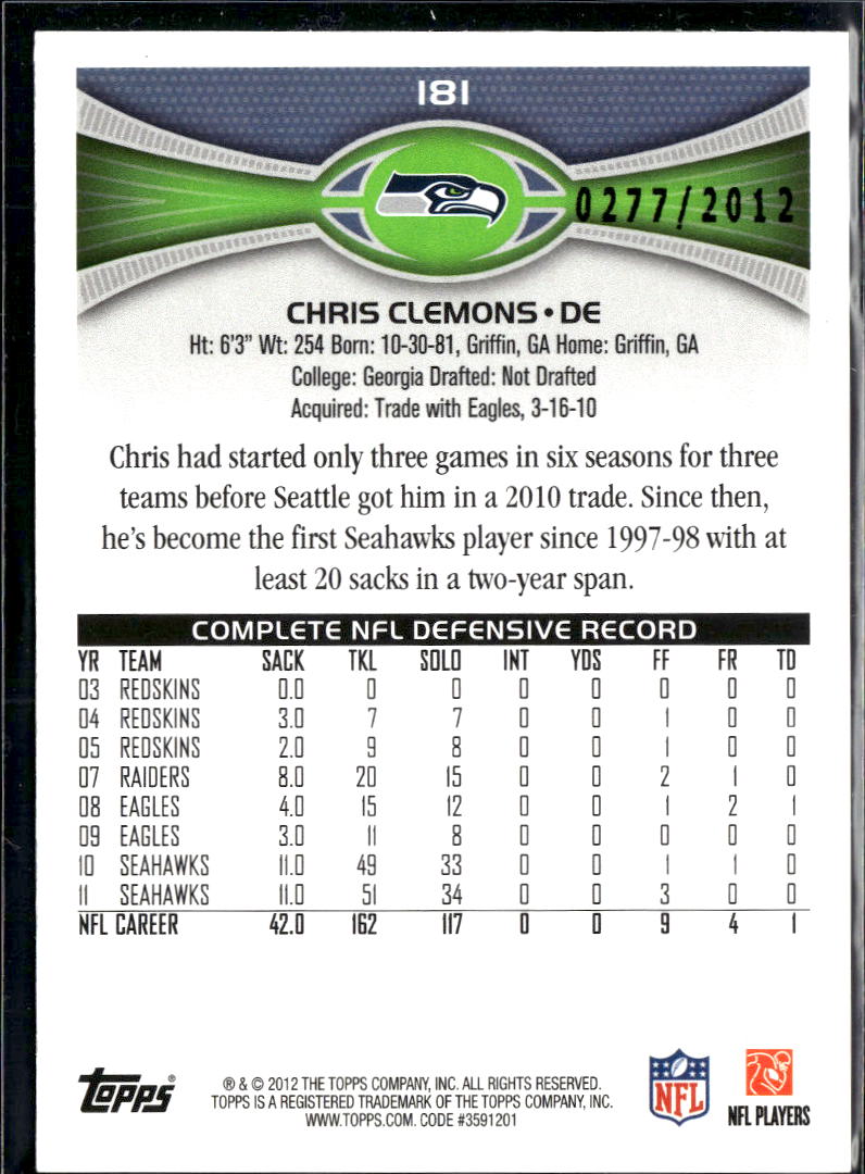 Chris Clemons 1997 Topps Gold 0277/2012 Seattle Seahawks