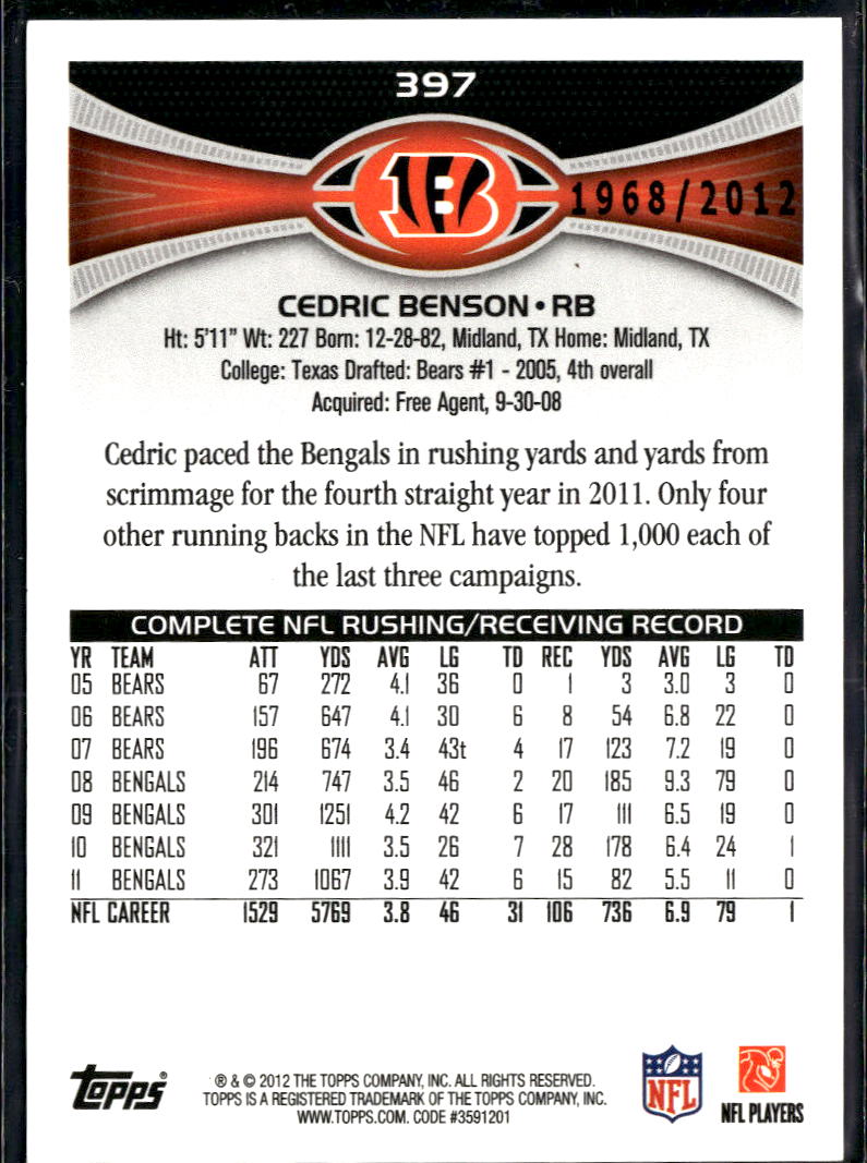 Cedric Benson 2012 Topps Gold 1968/2012 Cincinnati Bengals