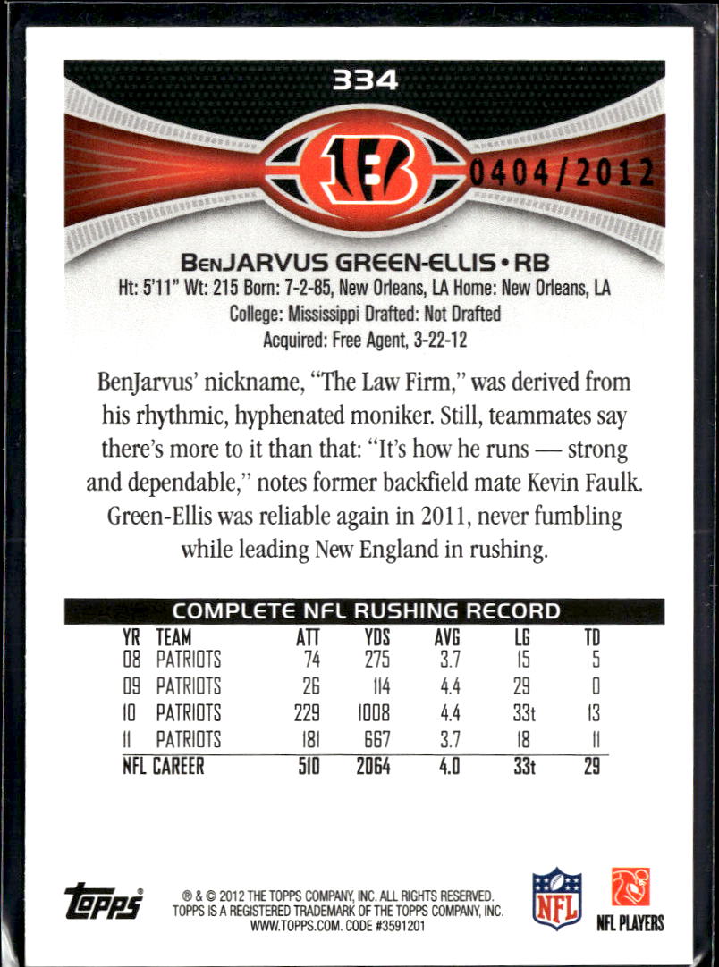 BenJarvus Green-Ellis 2012 Topps 0404/2012 Gold Cincinnati Bengals