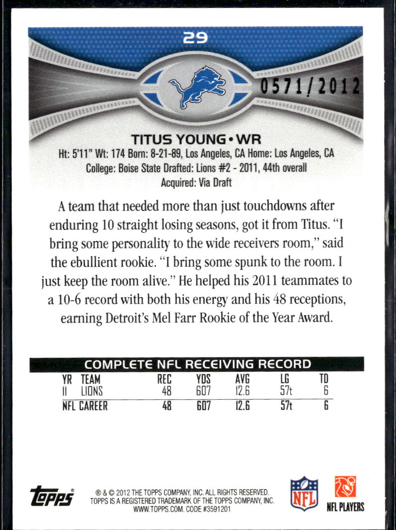 Titus Young 2012 Topps Gold 0571/2012 Detroit Lions