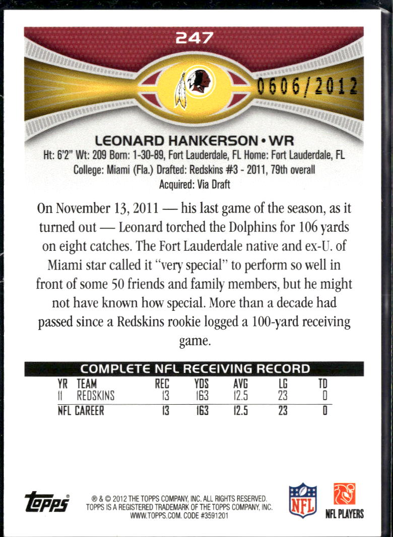 Leonard Hankerson 2012 Topps 0606/2012 Gold Washington Redskins