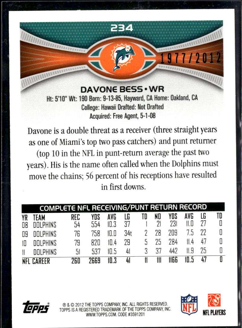 Davone Bess 2012 Topps 1977/2012 Gold Miami Dolphins