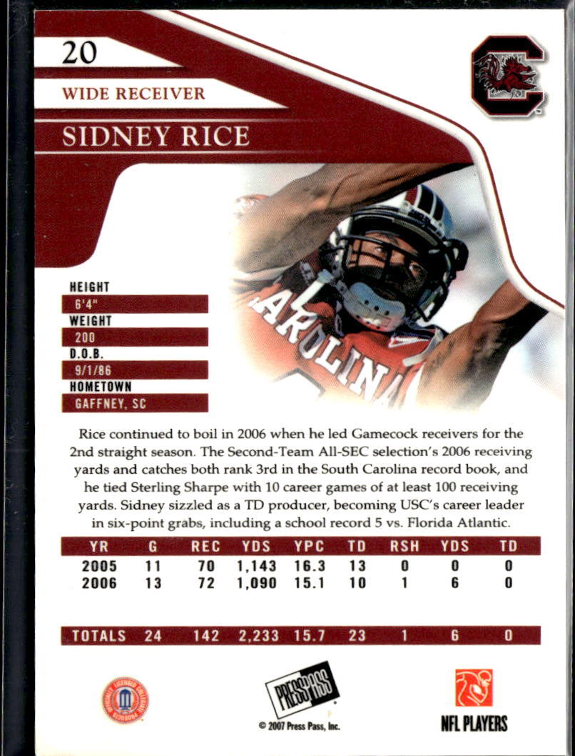 Sidney Rice 2007 Press Pass Reflectors /500 South Carolina Gamecocks