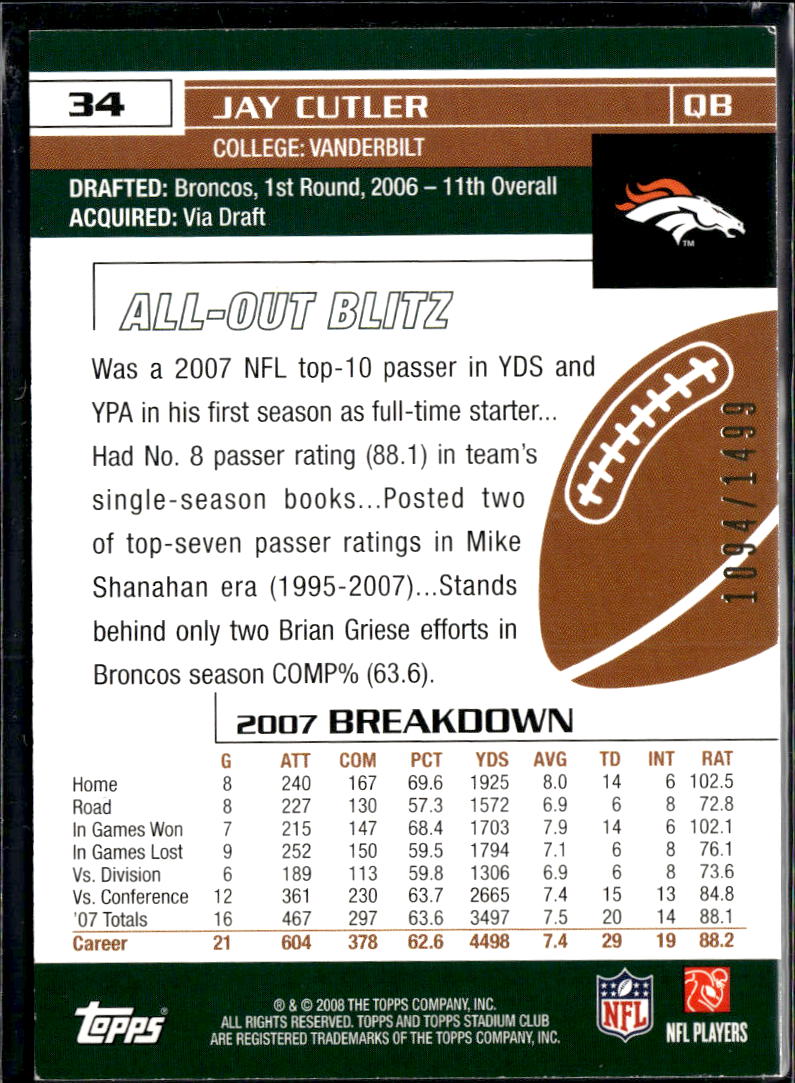 Jay Cutler 2006 Topps Stadium Club 1st Day Issue /1499 Denver Broncos