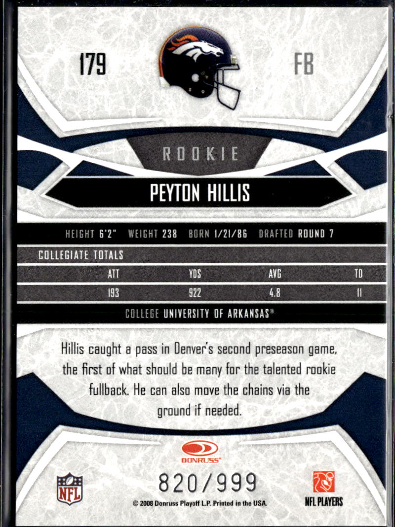 Peyton Hillis 2008 Donruss Gridiron Gear Rookie RC 820/999 Denver Broncos