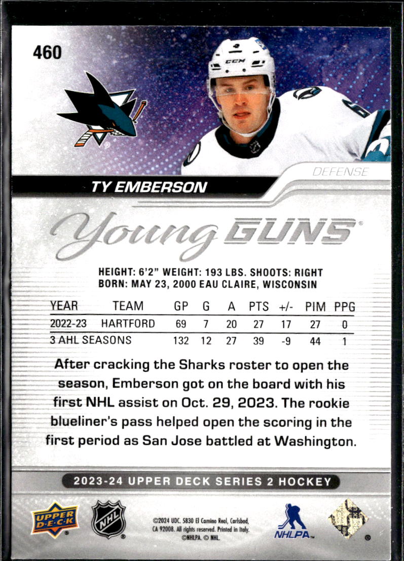 Ty Emberson 2023 Upper Deck Outburst Young Guns RC San Jose Sharks