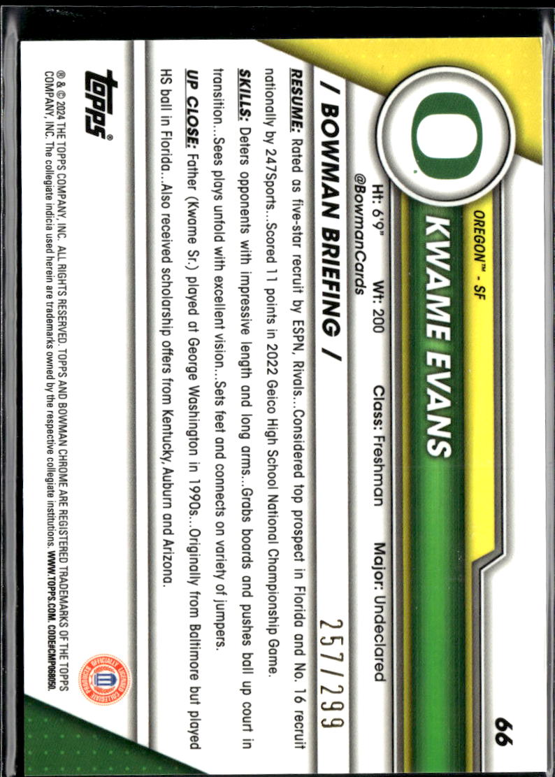 Kwame Evans 2024 Bowman Chrome Aqua Refractor /299 Oregon Ducks