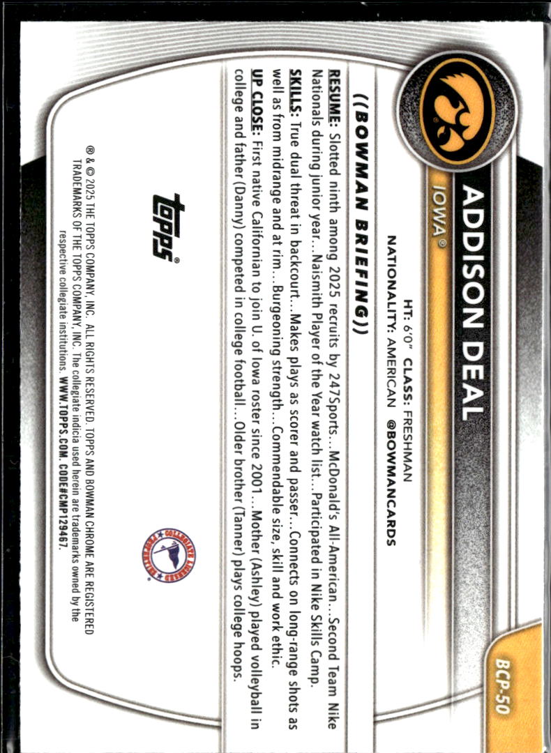 Addison Deal 2025 Bowman Chrome 1st Reptilian Refractor Iowa Hawkeyes