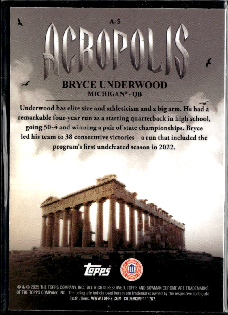 Bryce Underwood 2025 Bowman Chrome Acropolis Michigan Wolverines