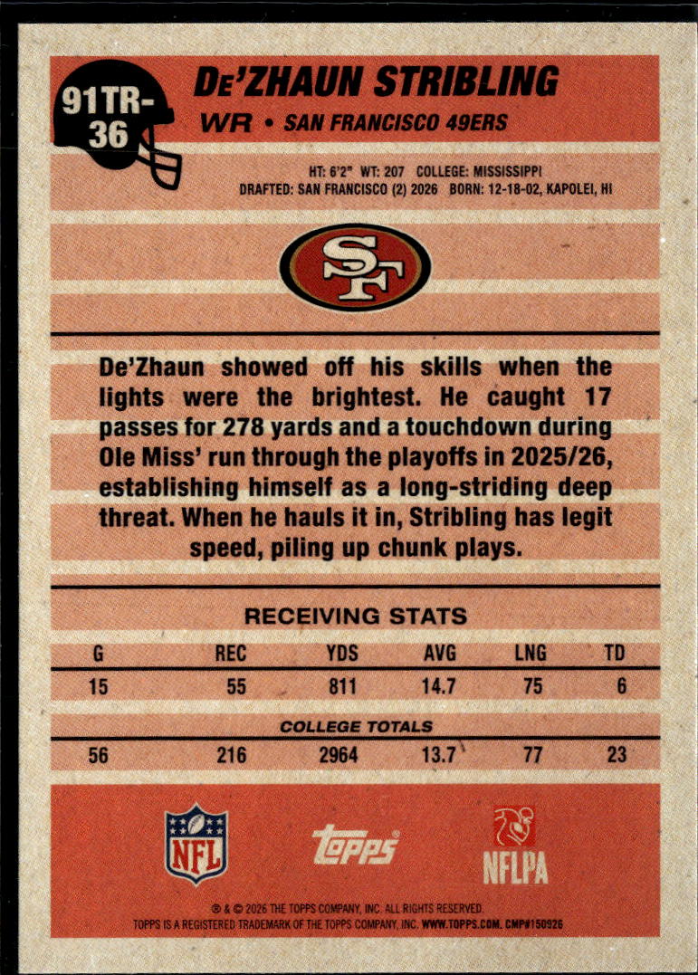 De'Zhaun Stribling 2026 Topps Silver Ice Rookie RC San Francisco 49ers