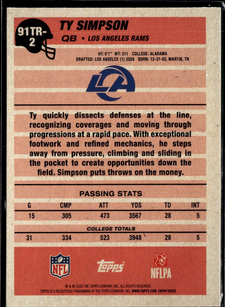 Ty Simpson 2026 Topps Flagship '91 Rookie RC Los Angeles Rams