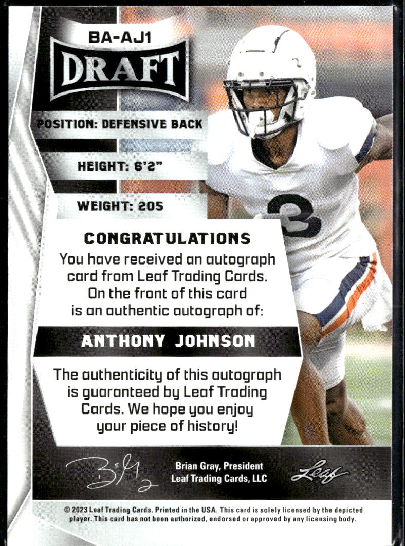 Anthony Johnson 2023 Leaf Draft RC Auto Autograph
