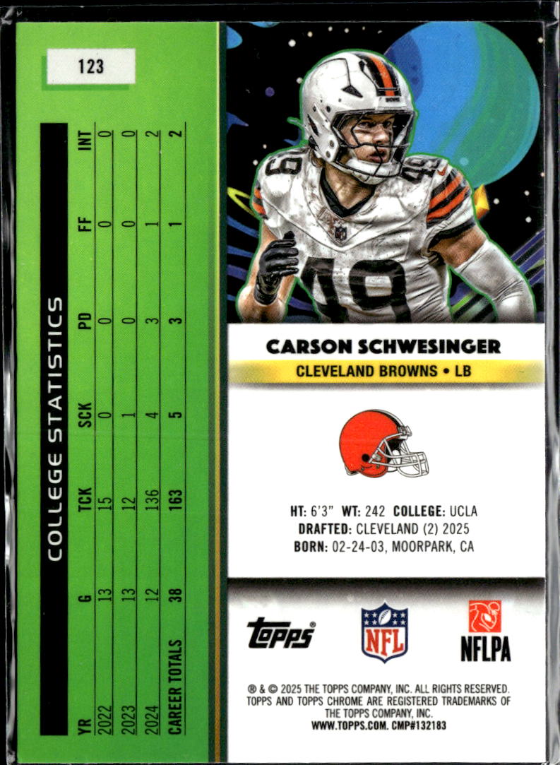 Carson Schwesinger 2025 Topps Chrome Cosmic Rookie RC Cleveland Browns