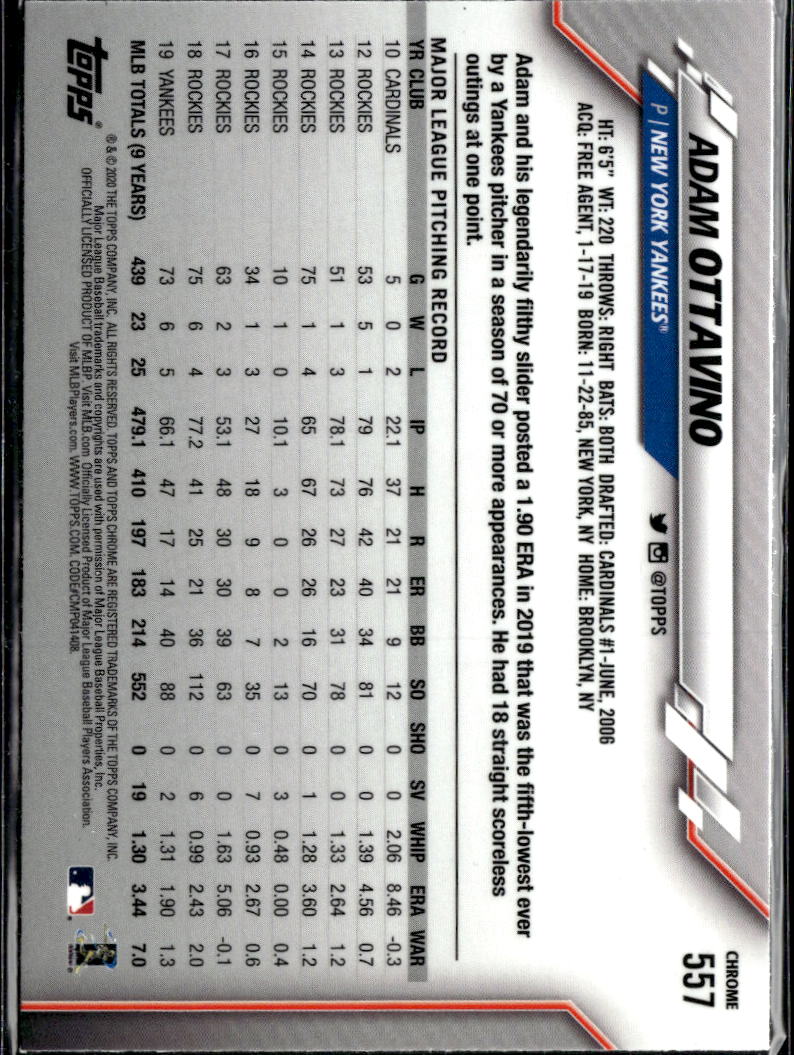 Adam Ottavino 2020 Topps Chrome Blue Sapphire Refractor New York Yankees