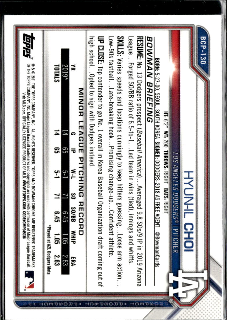 Hyun-Il Choi 2021 Bowman Chrome 1st Sapphire Los Angeles Dodgers