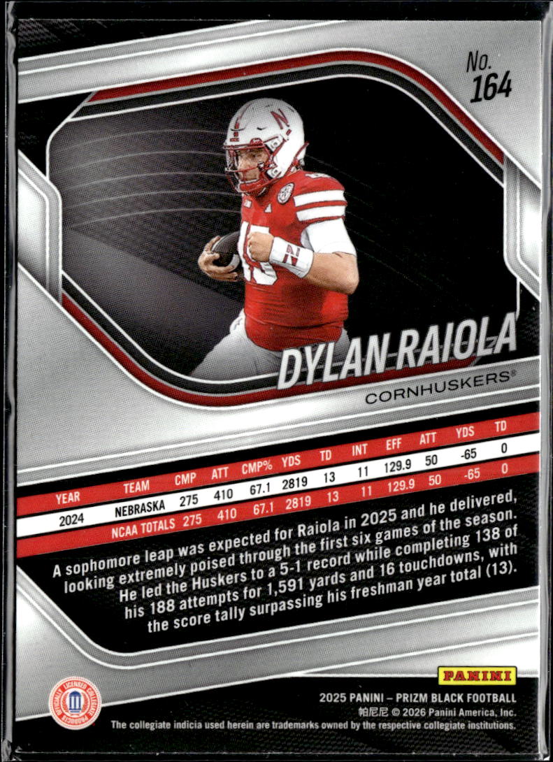 Dylan Raiola 2025 Panini Prizm Black Rookie RC Nebraska Cornhuskers