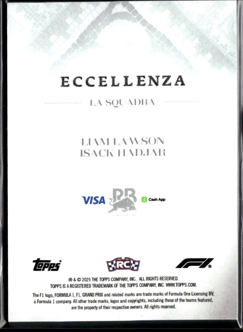 Liam Lawson Isack Hadjar 2025 Topps Eccellenza RC Visa Cash App Racing Bulls