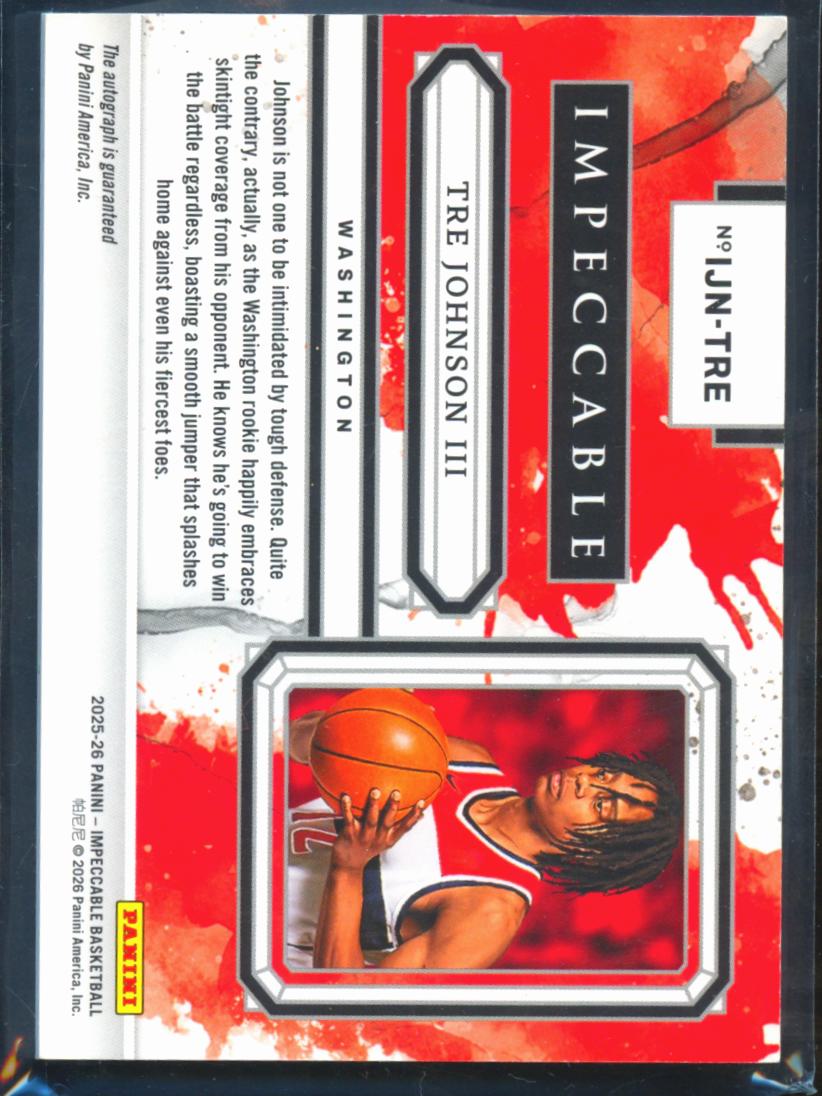 Tre Johnson III 2025-26 Impeccable Auto Autograph RC 5/12 Washington Wizards
