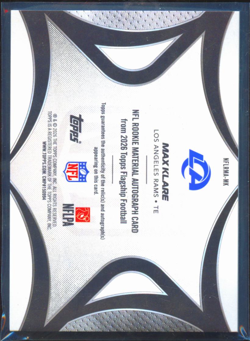 Max Klare 2026 Topps Flagship Auto Autograph Patch RC 3/5 Los Angeles Rams