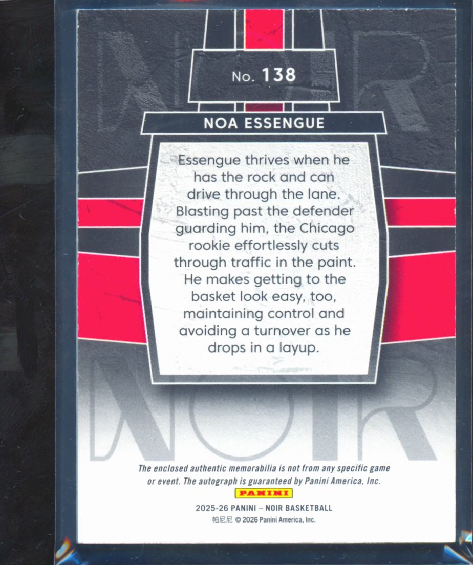 Noa Essengue 2025-26 Noir Auto Autograph Patch RC 11/35 Chicago Bulls