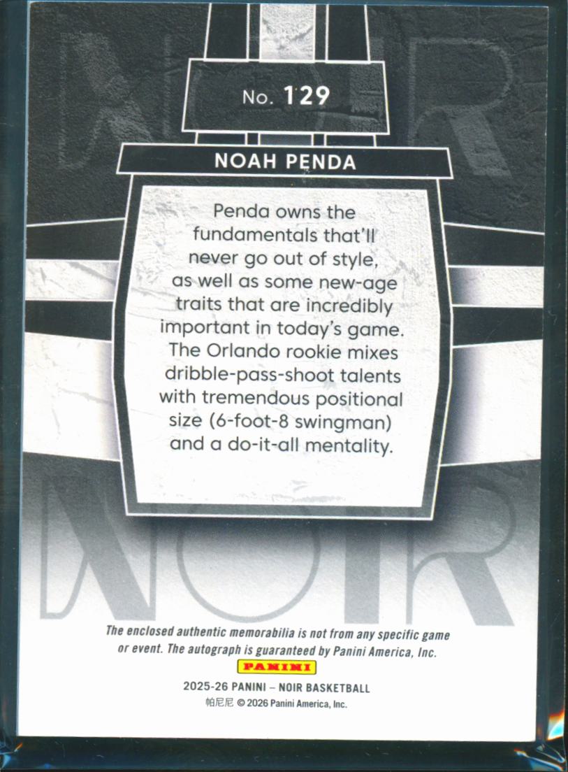 Noah Penda 2025-26 Noir Auto Autograph Jersey Patch RC 25/35 Orlando Magic