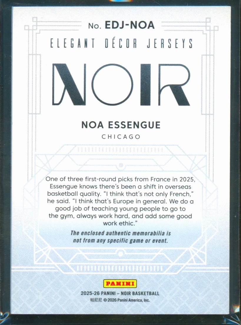 Noa Essengue 2025-26 Noir Jersey Patch Rookie RC 8/25 Chicago Bulls
