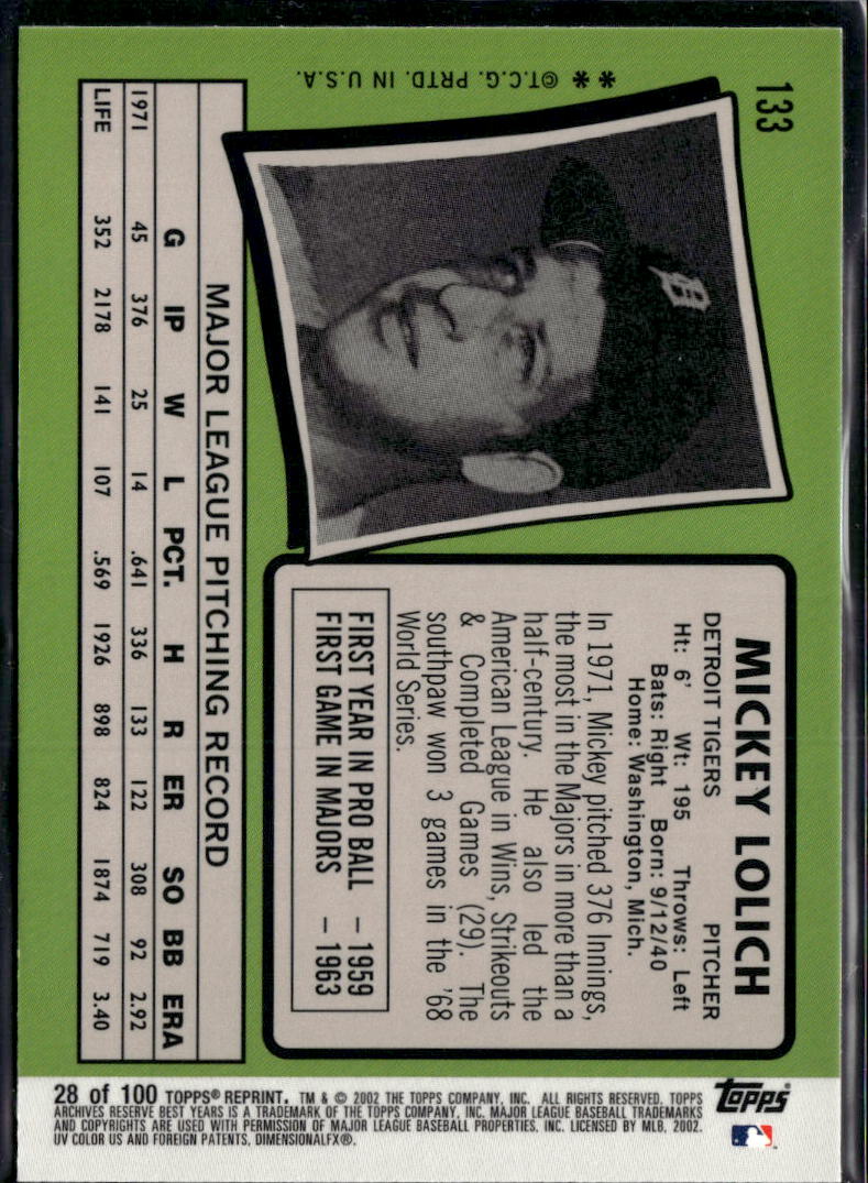 Mickey Lolich 2002 Topps Archives Reserve Refractor Detroit Tigers
