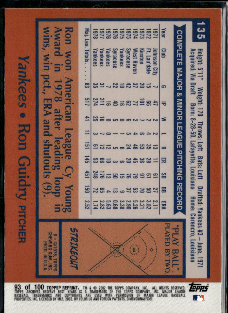Ron Guidry 2002 Topps Archives Reserve Refractor New York Yankees
